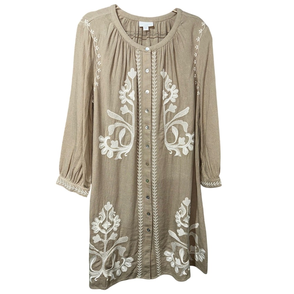 J.Jill Womens Embroidered Long Sleeve Button Front Linen Blend Dress Tan Small - Picture 3 of 8